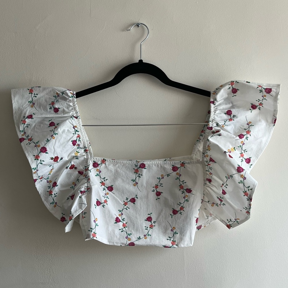Zara White Floral Crop Top with Pink Rose Print